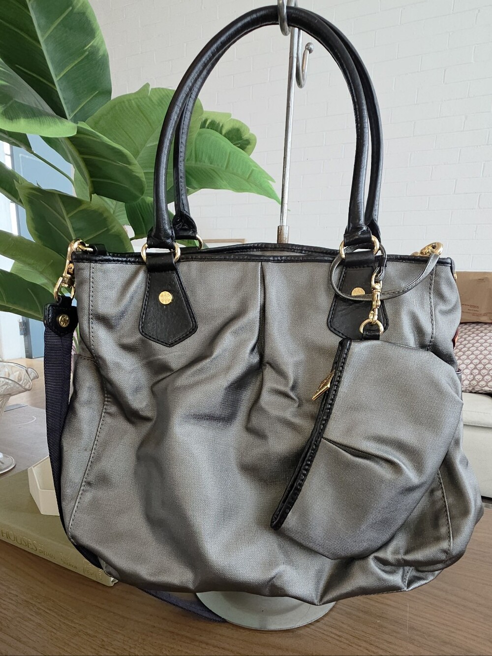 MZ Wallace Tote Bag in Silver Gray Nylon, Black Leather Trim & Fuchsia Lining